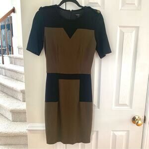 Mango Suit by MNG Brown & Black Contrast Sheath Dress w/ Brass Epaulette Detail